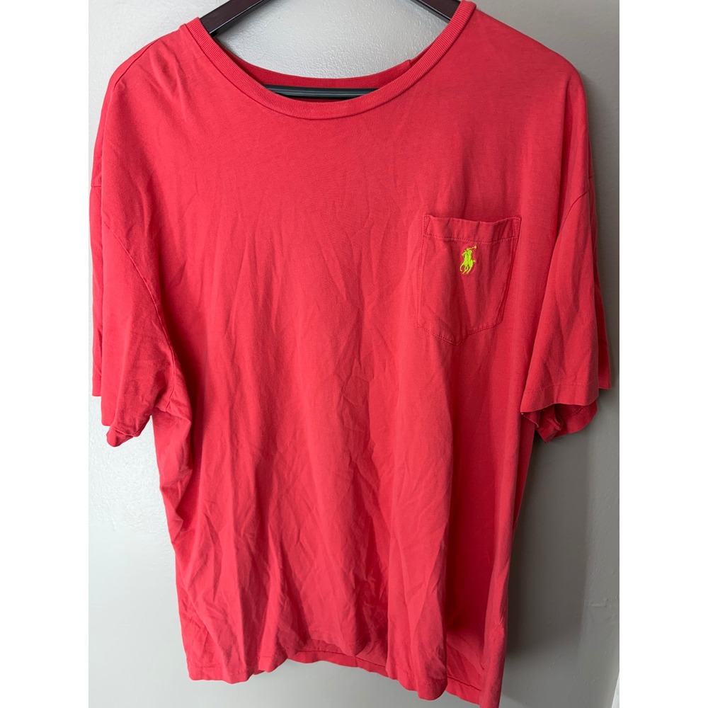 Polo Ralph Lauren Mens XXL Coral Red Pocket T-Shirt Neon Green Pony Logo Cotton